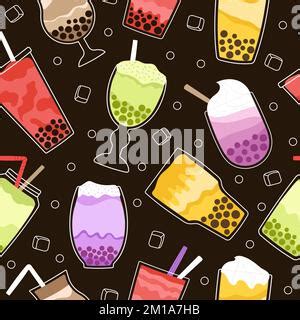 Kawaii Seamless Pattern With Boba Bubble Milk Tea On Violet Background