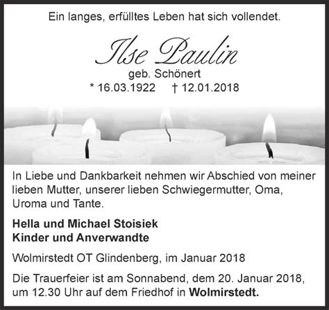 Traueranzeigen Von Ilse Paulin Abschied Nehmen De