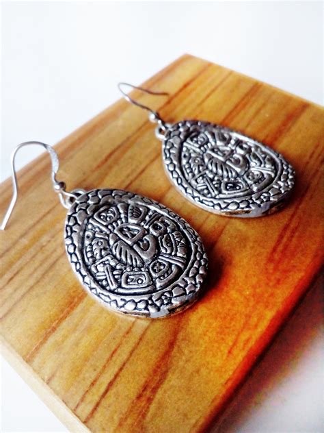 Oval Silver Mayan Earrings Mayan Aztec Jewelry Geometric Etsy