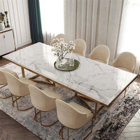 Bura Modern Faux Marble Dining Table With Rectangular Tabletop Gold