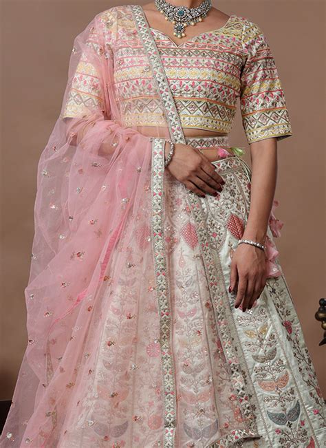 Buy Light Pista Dupion Silk Embroidered Kali Lehenga Wedding Wear