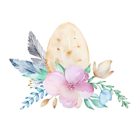 Ovo De Páscoa De Composição Aquarela Com Um Buquê De Flores Botânicas E Penas Vetor Premium