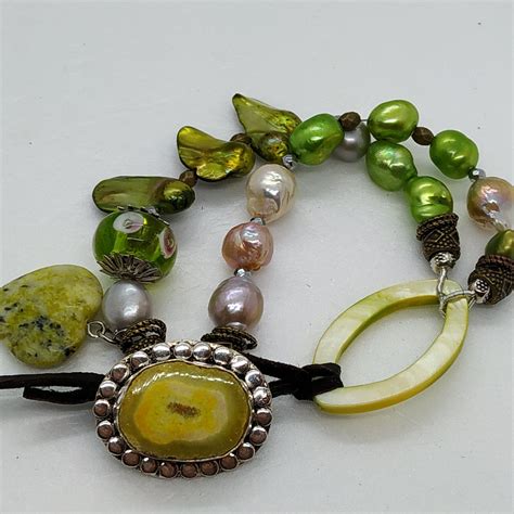 Boho Biwa Edison Pearls Double Bracelet Artisan Gemstone Solar Button