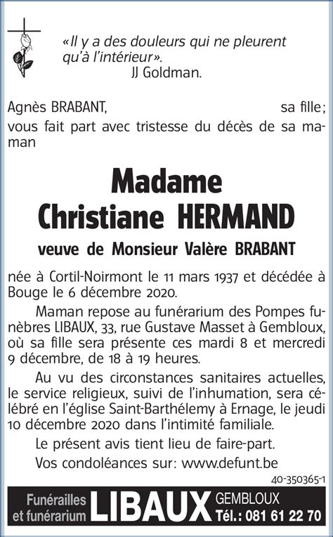 Avis De Décès De Christiane Hermand Décédé Le 06 12 2020 à Bouge