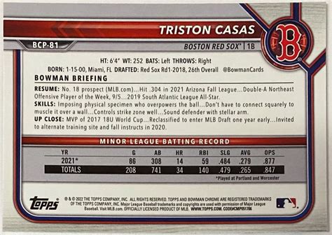 Triston Casas Bowman Chrome Boston Red Sox Baseball Prospect