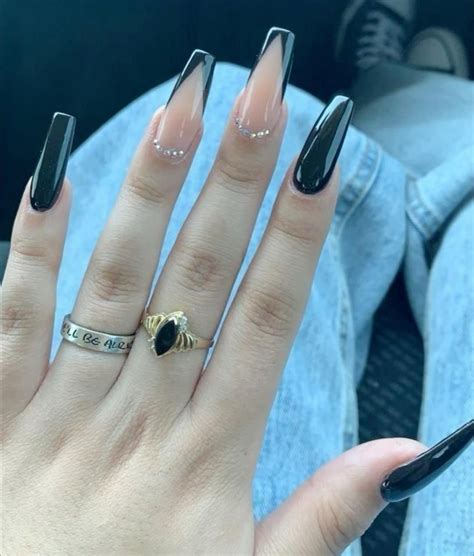 Cute Nude Black Long Acrylic Nail French Tip Glitter Design Gel Nails Short Simple Basic Pretty