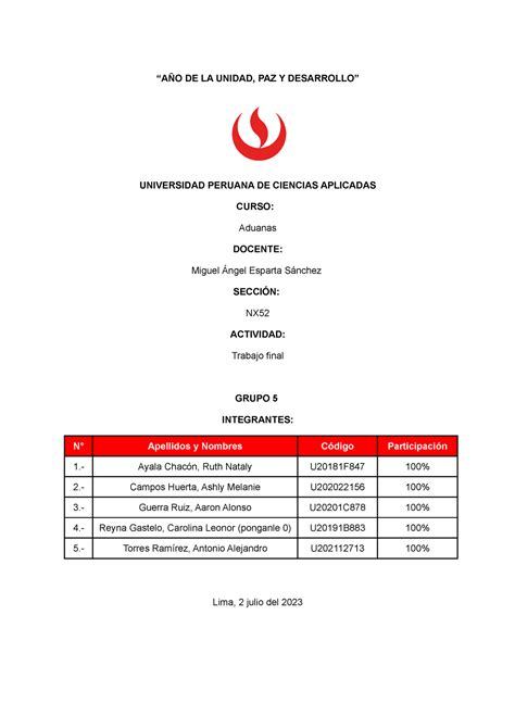 Tf Aduana A O De La Unidad Paz Y Desarrollo Universidad Peruana De