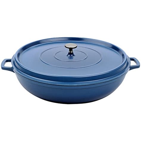 Get Heiss 7 5 Qt Cobalt Blue Enamel Coated Cast Aluminum Round Brazier Paella Pan With Lid Ca