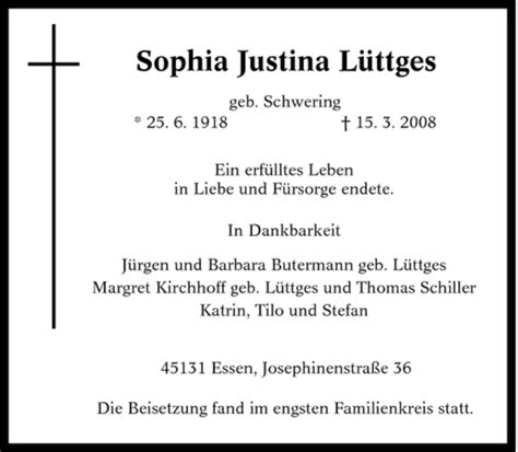 Traueranzeigen Von Sophia Justina L Ttges Trauer In Nrw De