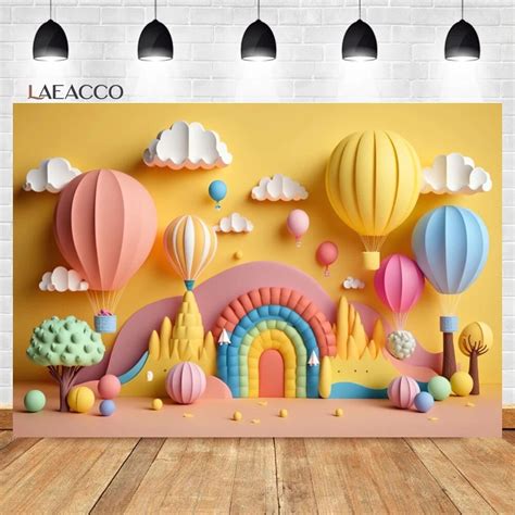 Laeacco Arch Photography Background Pink Stars Hot Air Balloons Baby