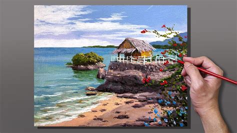 Acrylic Painting Beach Hut On The Seashore Youtube