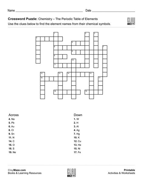 Periodic Table Crossword Puzzle Worksheet