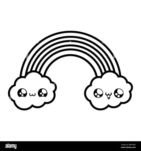 Cute Rainbow With Clouds Kawaii Style Vector Illustration Design Stock