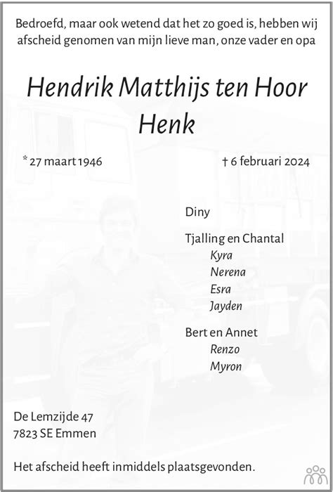 Henk Hendrik Matthijs Ten Hoor Overlijdensbericht En