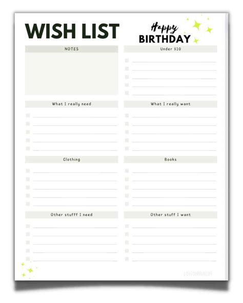 Free Printable Birthday Wish List Template