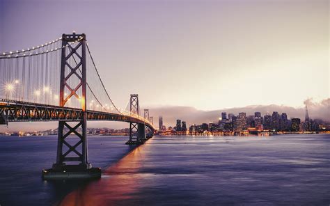 San Francisco Beautiful Scenery Dusk Bay Bridge Lights Skyscrapers