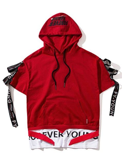 [27 Off] 2021 Streetwear Ribbon Short Sleeve Hoodie In Red Zaful