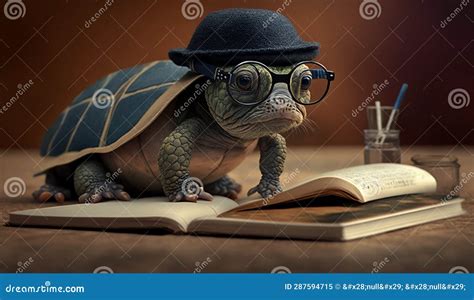 A Turtle Wearing Glasses And A Hat Reads Books Generative Ai Stock