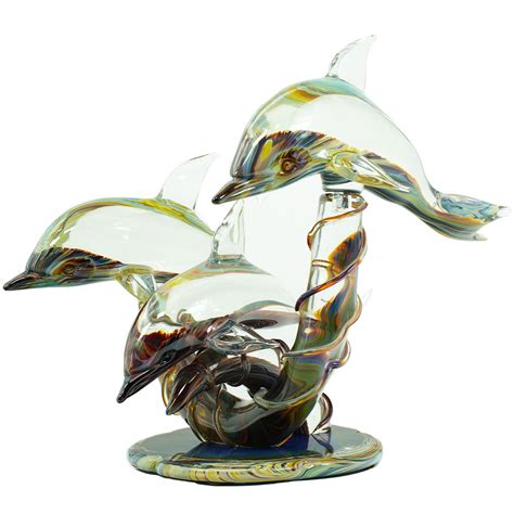 Three Dolphins On Base Sculpture In Chalcedony Original Murano