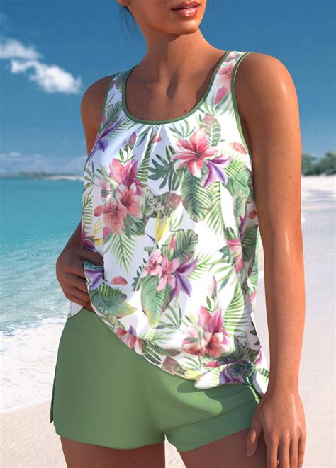 ROTITA Bowknot Sage Green Tropical Plants Print Tankini Set Rotita