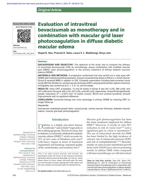 Pdf Evaluation Of Intravitreal Bevacizumab As Monotherapy And In Combination With Macular Grid