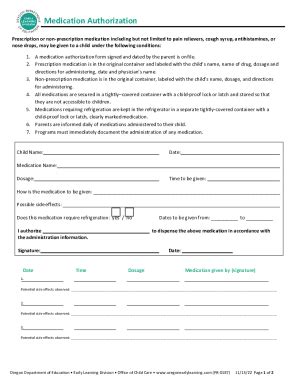 Fillable Online Medication Authorization Form And Administration LogPR