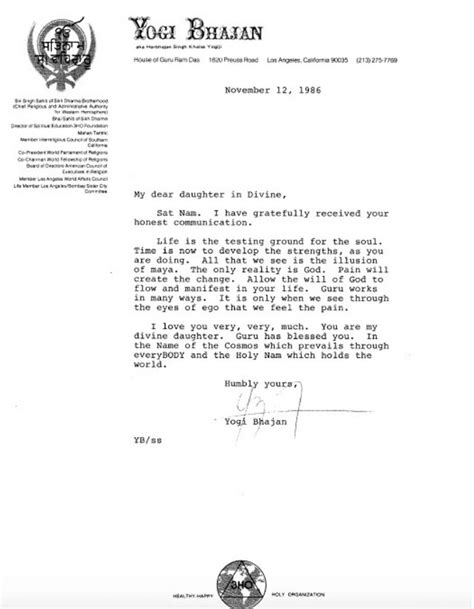 Letter from Yogi Bhajan - November 12, 1986 - Students of Yogi Bhajan