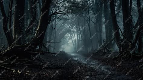 Premium AI Image | a dark forest road with a path leading to a foggy ...