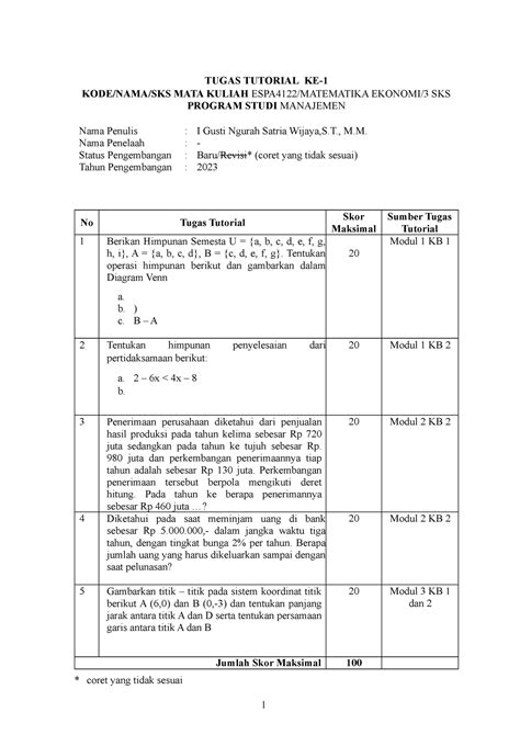 Tugas 1 Wajib TUGAS TUTORIAL KE KODE NAMA SKS MATA KULIAH ESPA4122