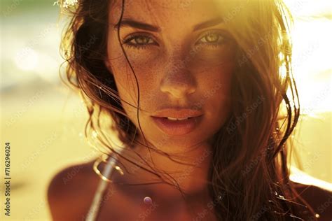 Sun Kissed Brunette Stuns In A White Bikini Ready For The Beach Stock