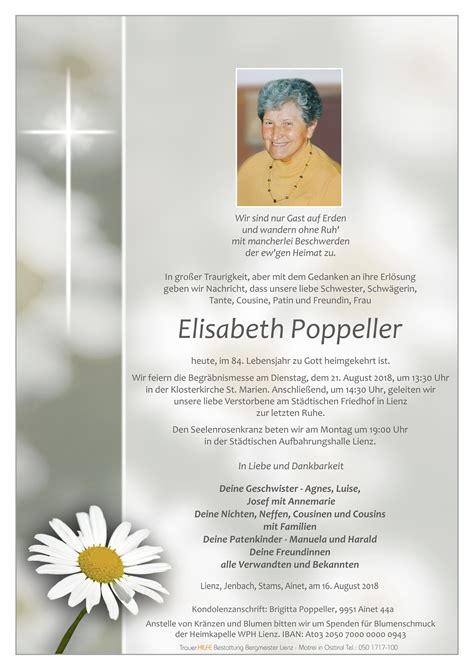 Todesanzeige Elisabeth Poppeller Trauer Link