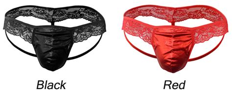 Sexy Lace Splice Faux Leather Bulge Pouch Thong Briefs Low Rise Breathable Underpants Lingerie