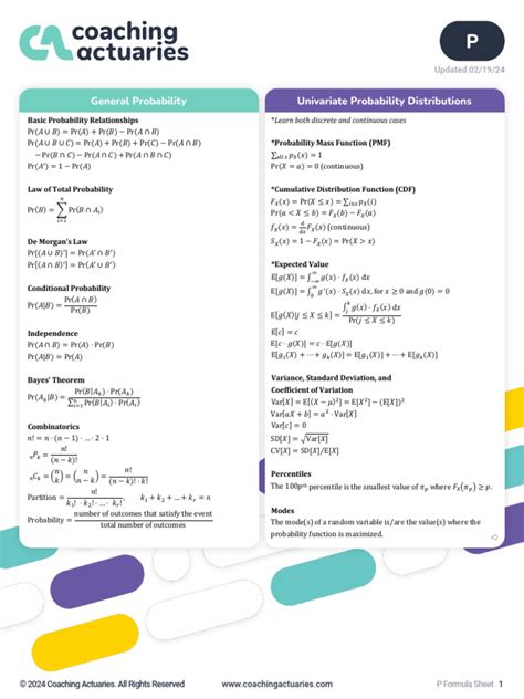 P Formula Sheet Pdf Probability Distribution Weighted Arithmetic Mean