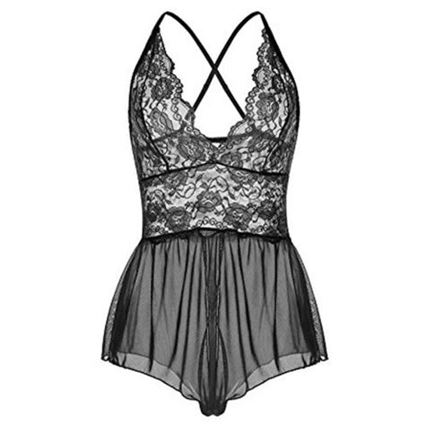 Jual Shiva Sexy Lingerie Lace Crotchless Jumpsuit Romper Black Hitam