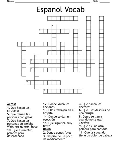 Espanol Vocab Crossword Wordmint