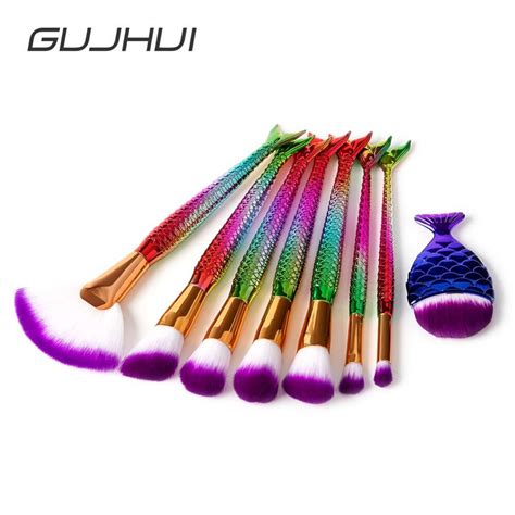 8Pcs Mermaid Makeup Brush Set Colorful Fish Tail Powder Foundation Eye