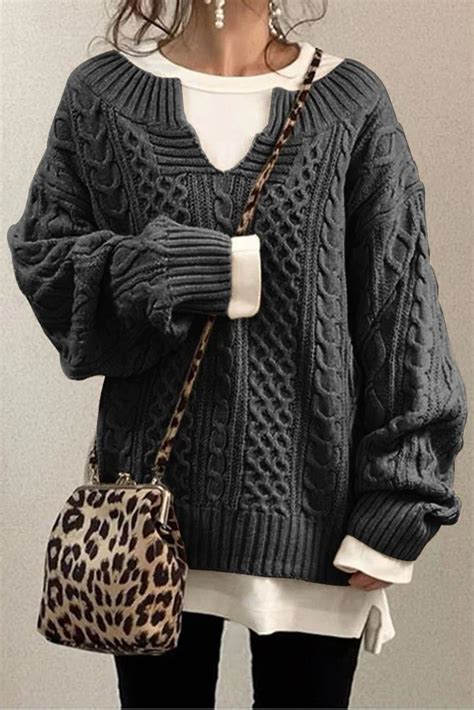 Solid Color V Neck Casual Long Sleeves Sweater Curvedream