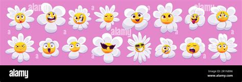 Chamomile flower face emotions isolated vector set. Cartoon groovy plant character icon ...