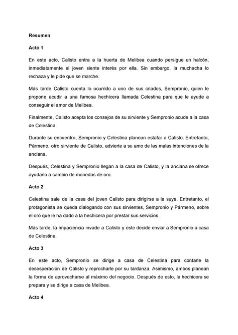 Resumen Y Personajes De La Celestina Resumen Acto En Este Acto