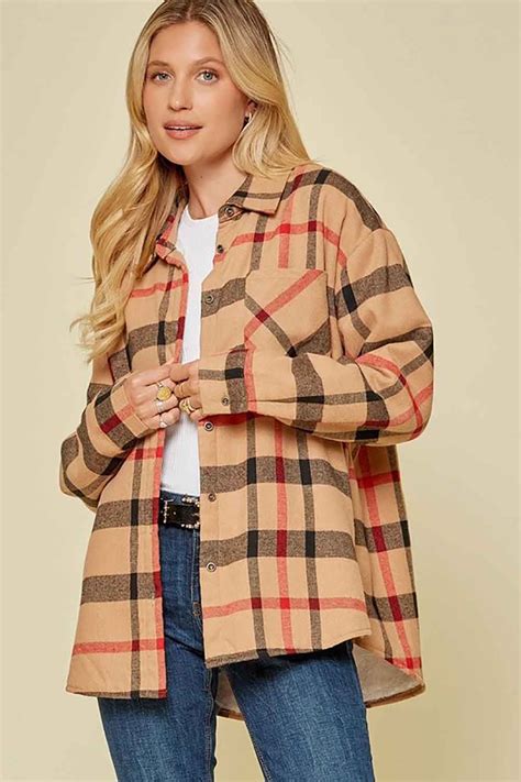 Andree By Unit Sherpa Lined Plaid Shacket For Women In Mocha Brown