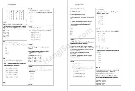 9 Sınıf Matematik Mantık Testi Ve Cevapları 20 Soruluk Hangisoru