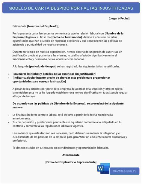 Carta De Despido Por Faltas Injustificadas Modelo【word】