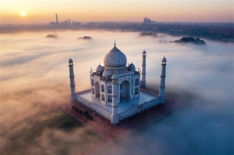 Premium Ai Image Aerial View Of Taj Mahal In The Indian City Of Agra Uttar Pradesh Morning Fog