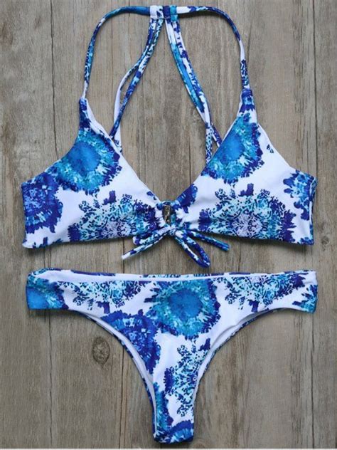 String Printed Strappy Bikini Set BLUE Bikinis M ZAFUL