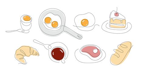 One Line Breakfast Set Continuous Line Food Eggs Croissant Line Art