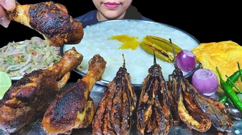 Asmr Eating Panta Bhat Aloo Bharta Eggplant Fry Roasted Chicken And Egg Omelette Asmr Mukbang