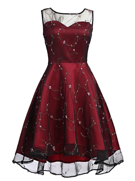 Wine Red 1950s Mesh Hi Lo Back Lace Up Dress Retro Stage Chic Vintage Dresses And Accessories