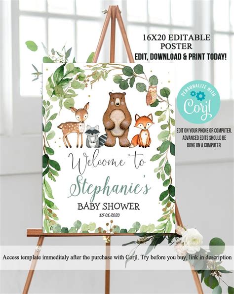 Woodland Baby Shower Welcome Sign Editable Template Woodland Etsy