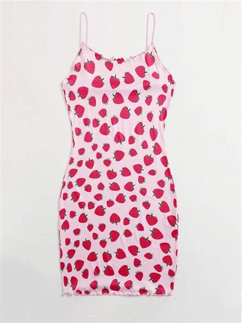 Shein Qutie Strawberry Print Lettuce Trim Cami Dress Shein Usa