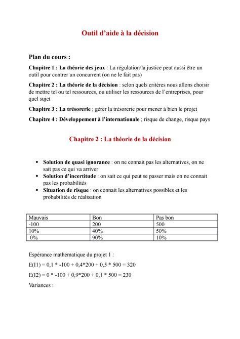 Outil d aide à la décision Outil daide à la décision Plan du cours